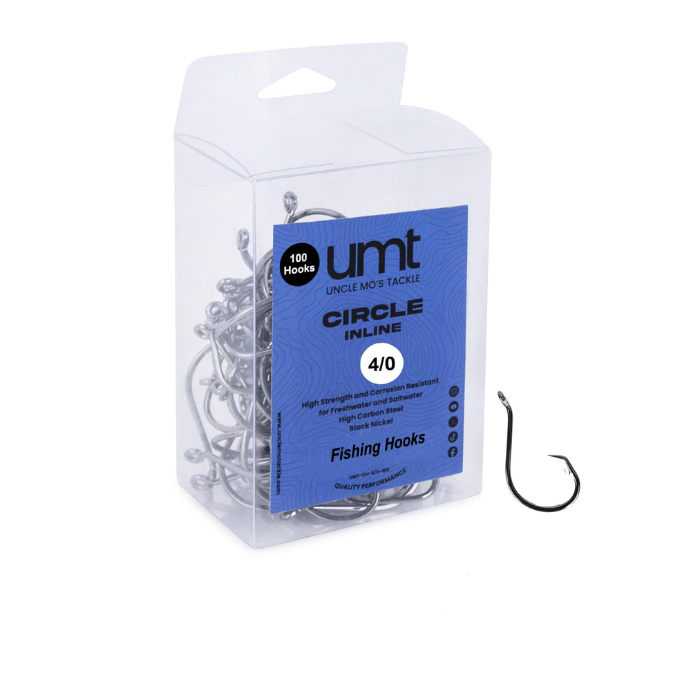 UNCLE MO'S UMT inline circle hooks 4/0 in black nickel for durable saltwater and freshwater use.