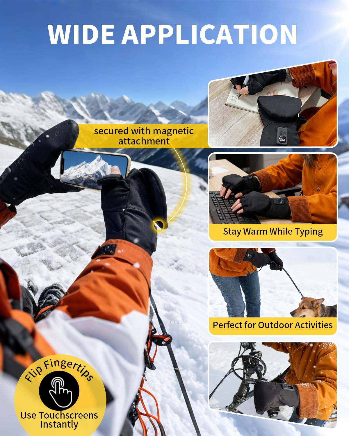 UNCN heated gloves flip-open fingertips for touchscreen use.