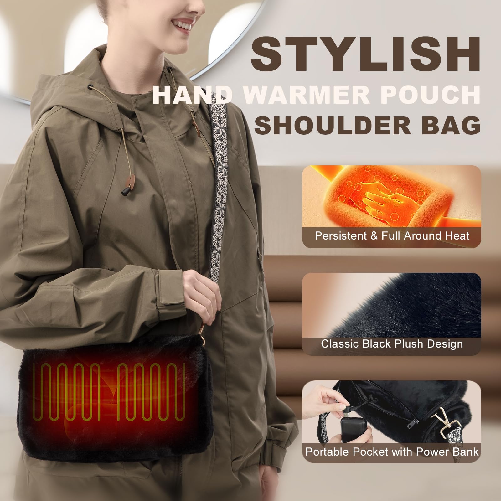 uncn Rechargeable Hand Warmer Pouch plush fur detail adds cozy comfort for cold commutes.