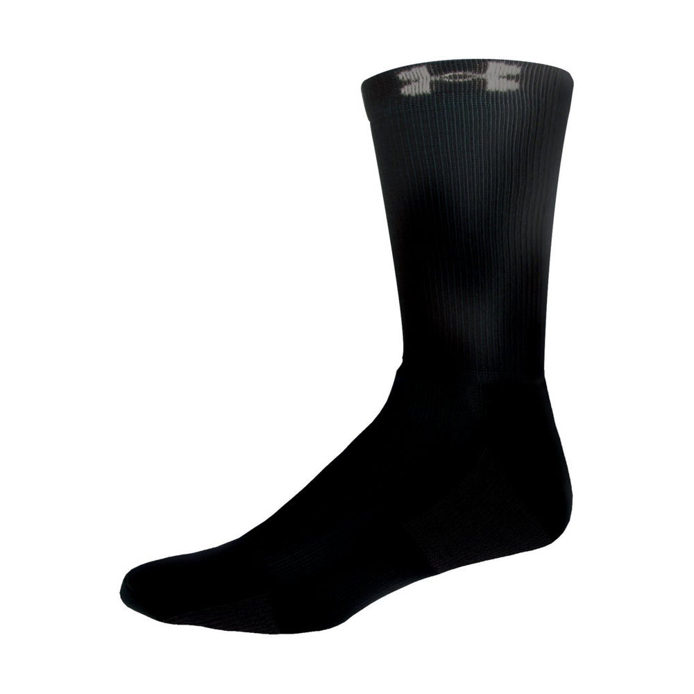 Under Armour Heat Gear crew socks 4-pack pack shot showing all-season comfort and arch support.