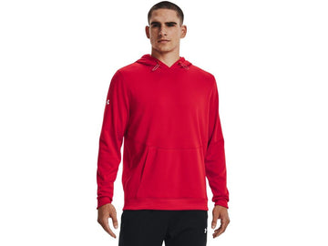Under Armour Storm Fleece Hoody Red front view highlights lightweight warmth and athletic fit.