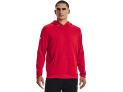 Under Armour Storm Fleece Hoody Red front view highlights lightweight warmth and athletic fit.
