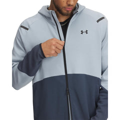 Under Armour Unstoppable Fleece Full Zip Harbor Blue model-wearing for all-day warmth and flexibility.
