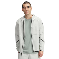 Under Armour Unstoppable fleece grid hoodie front view in hydro green black, lightweight warmth.