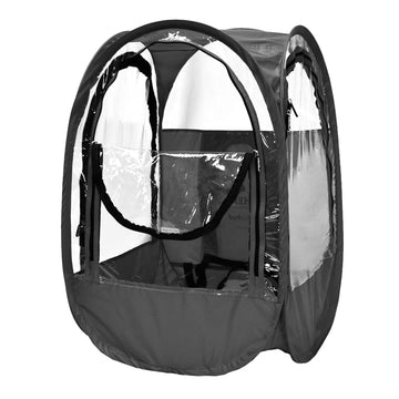 Under the Weather StadiumPod front view showing hands-free wearable shelter for weather protection