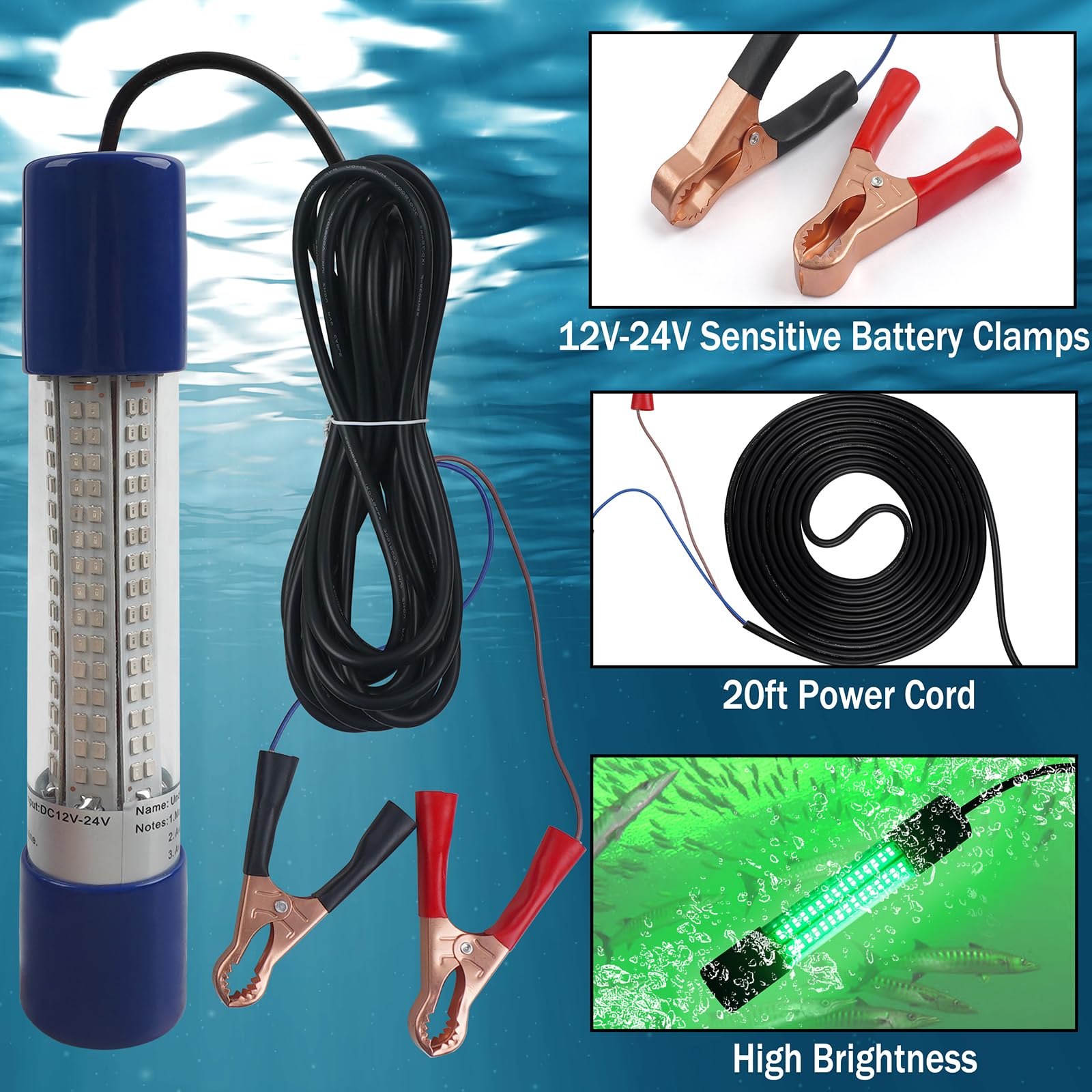 Close-up of underwater fishing light showing 360-degree LED array