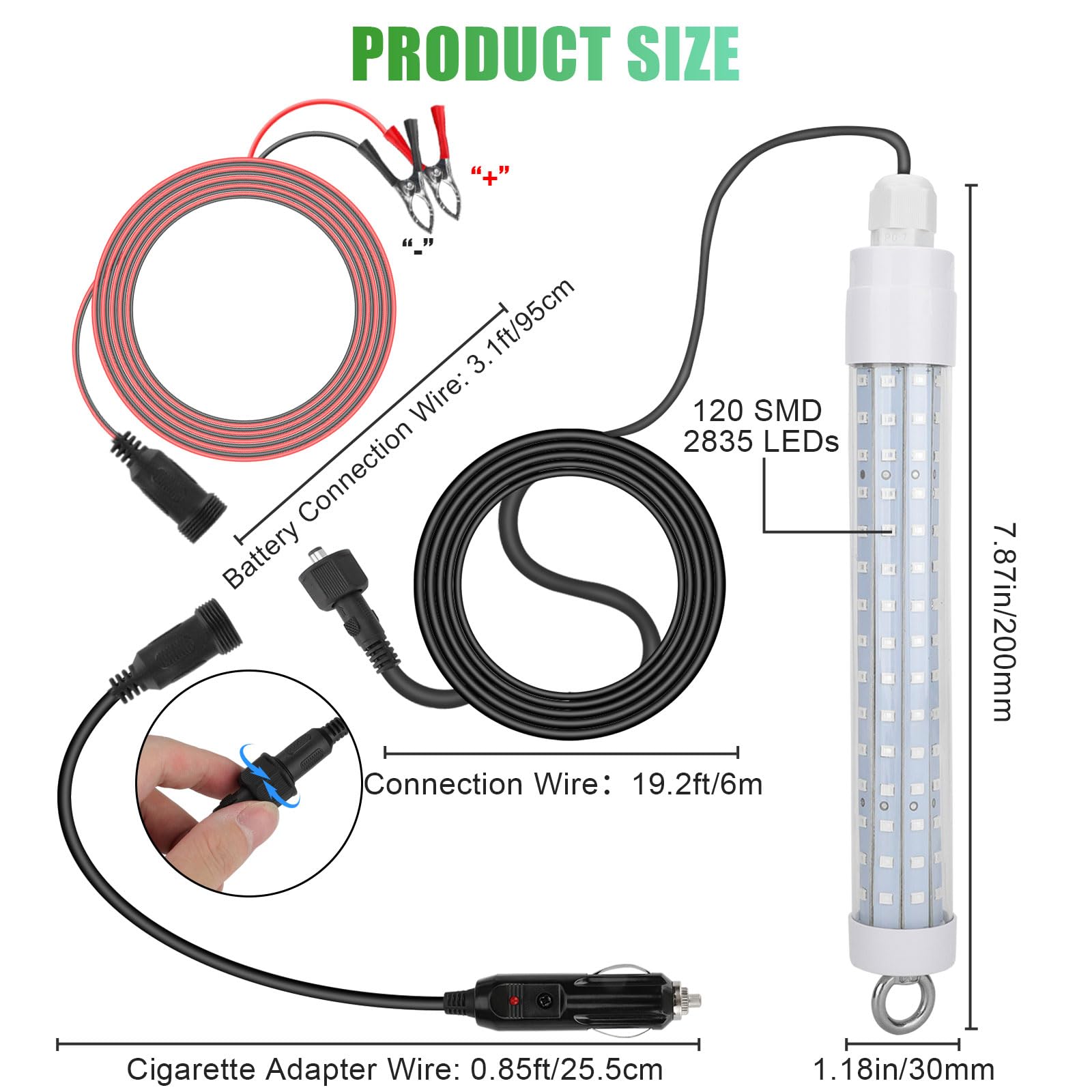 Power cord and battery connection for underwater fishing light