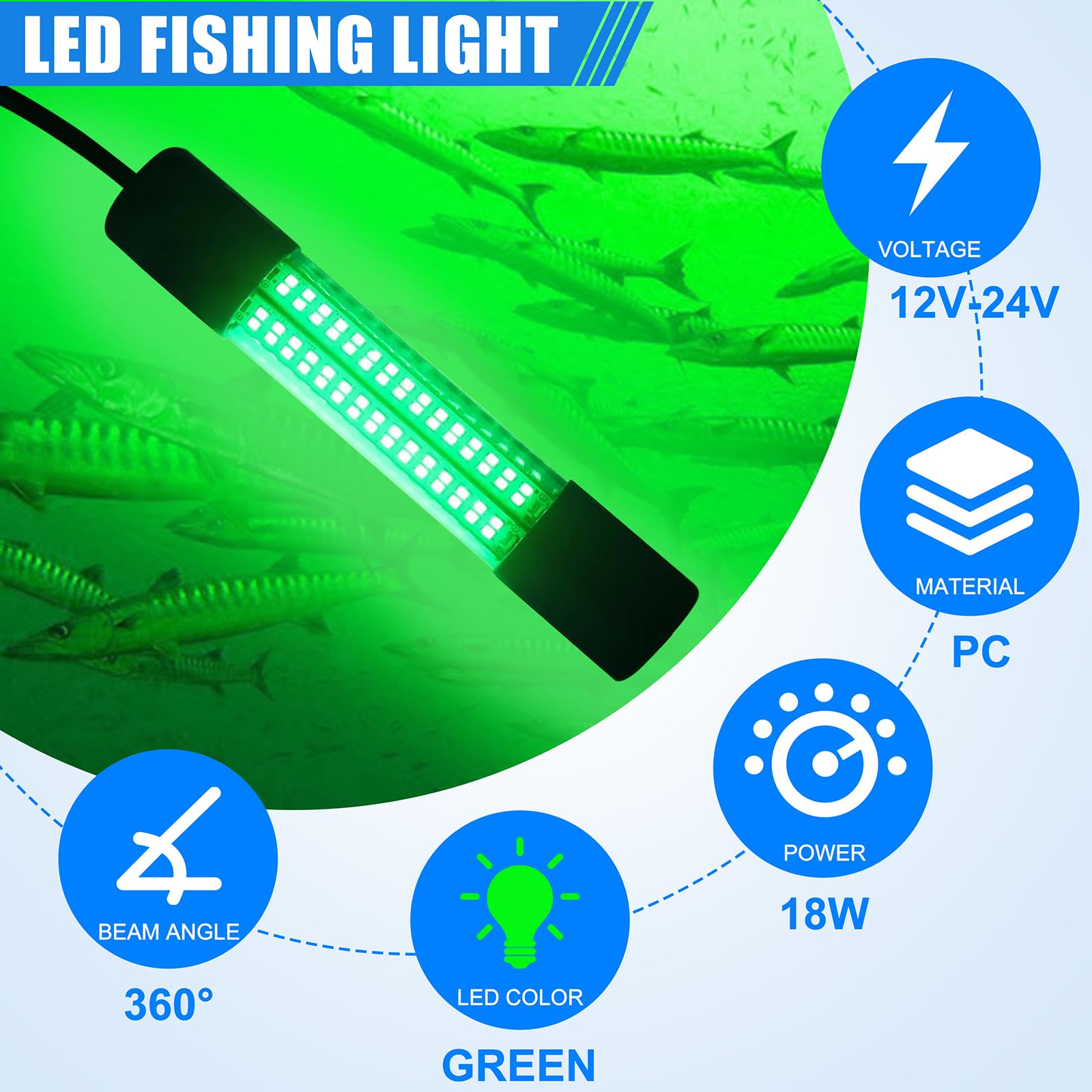 Boat with underwater fishing light at night attracting fish