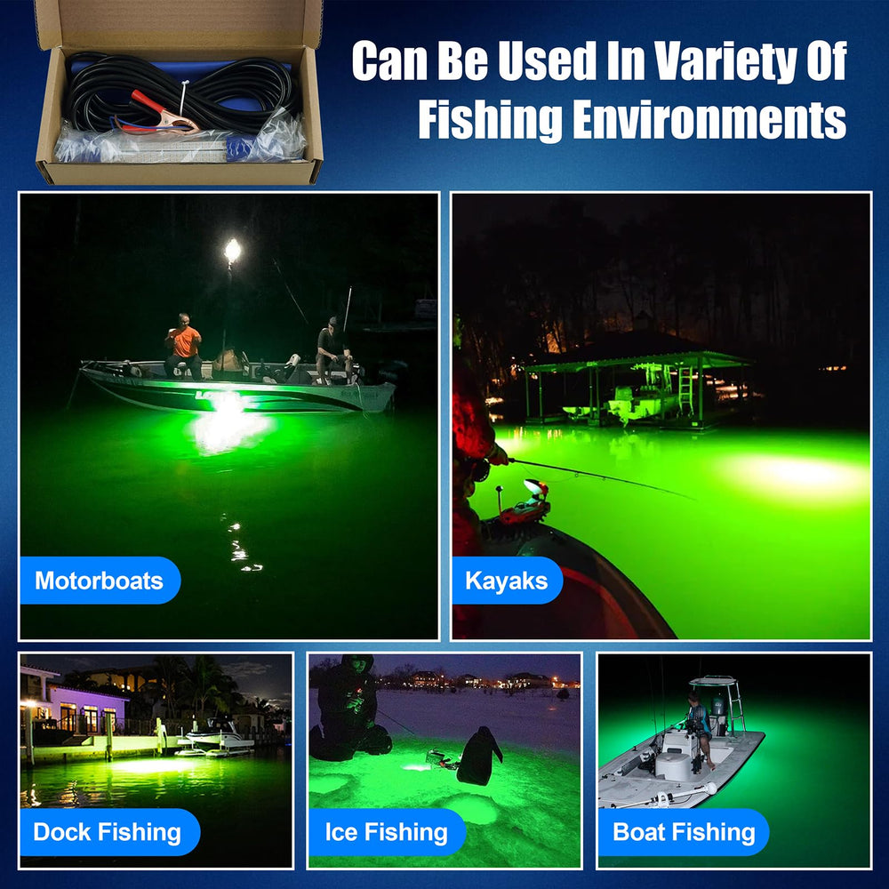 Green underwater fishing lamp mounted on dock for night fishing