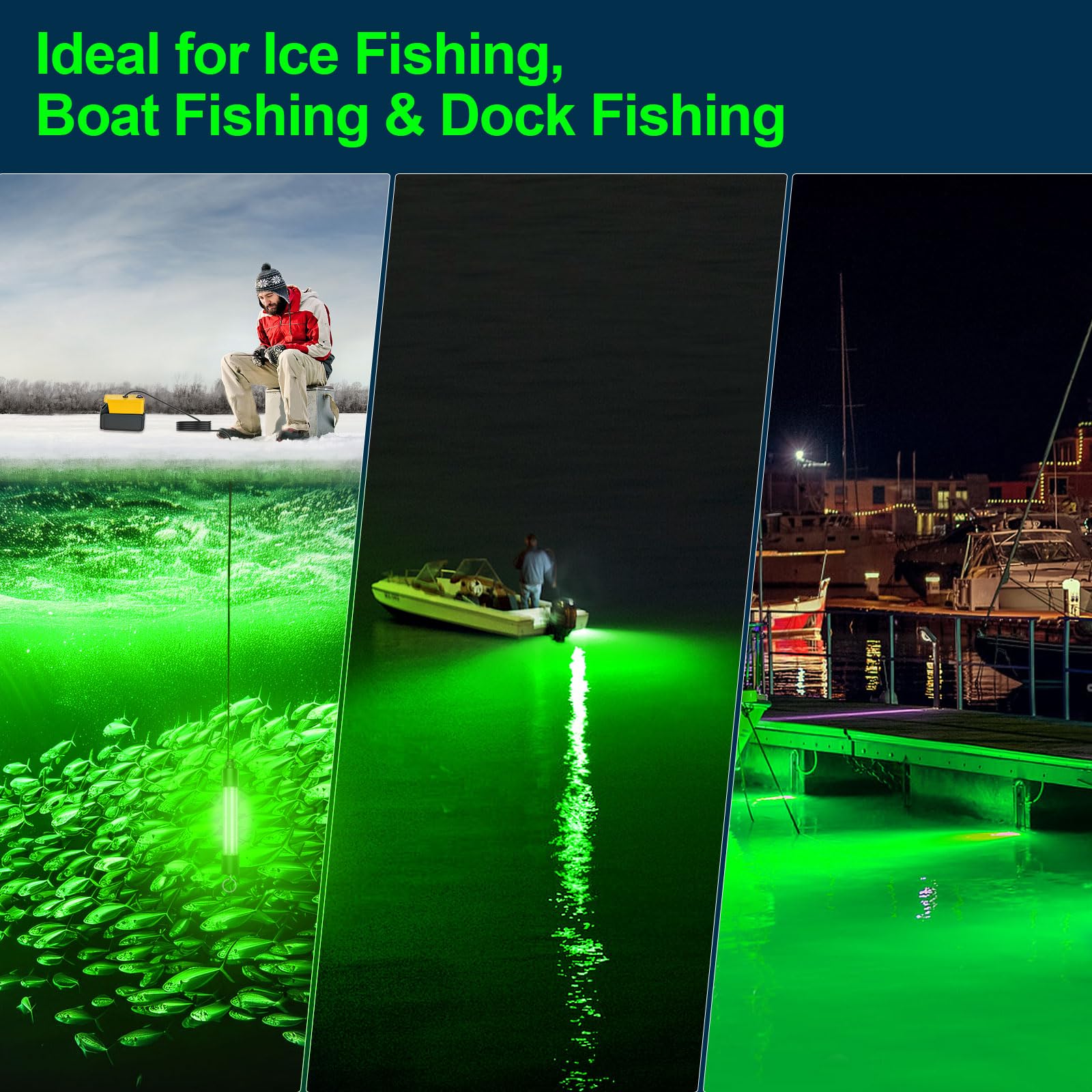 Night/ice/dock fishing with green LED illumination underwater.