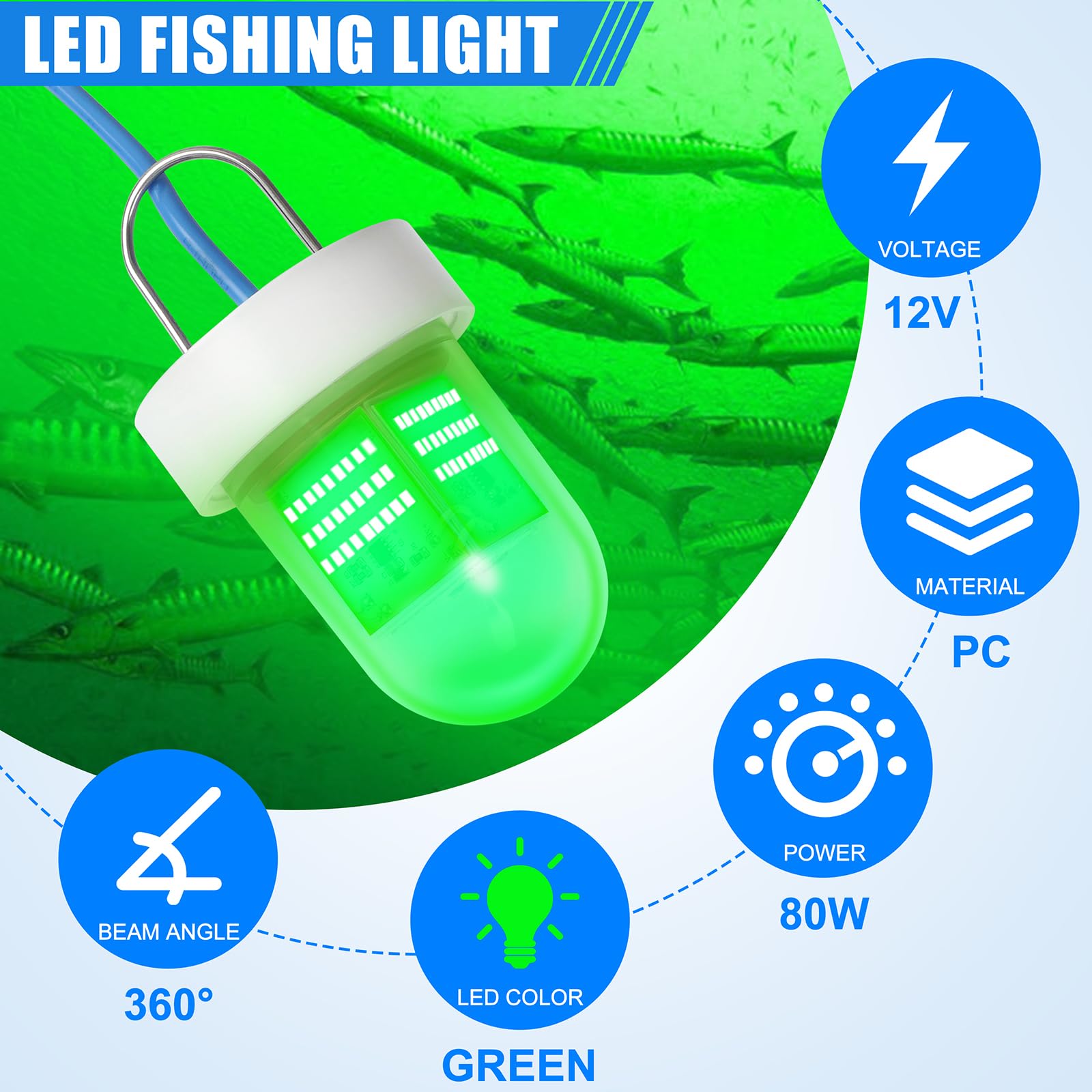 20-foot power cord connected to the underwater fishing light