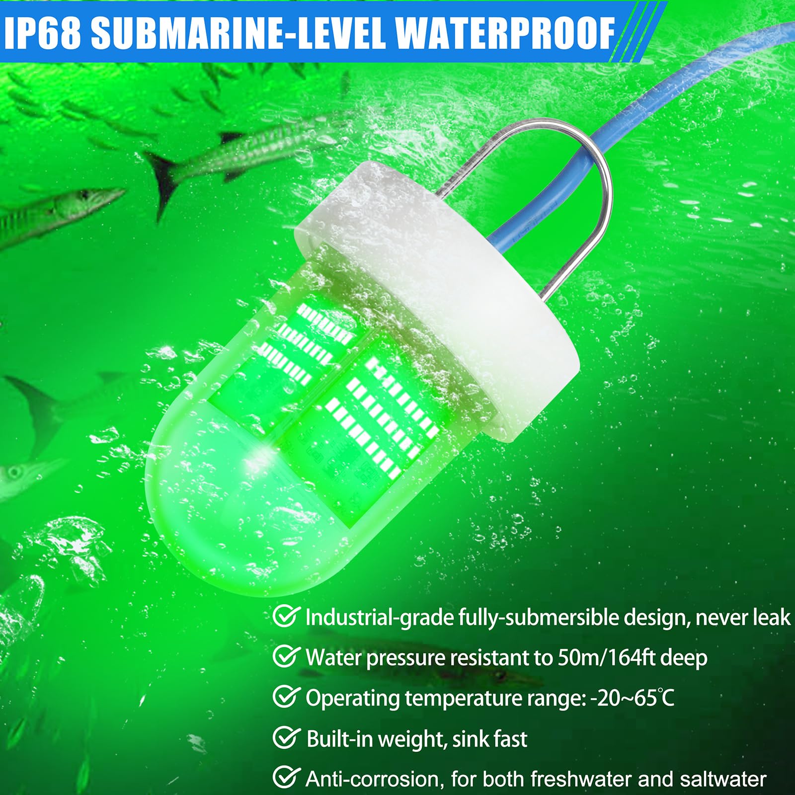 Green underwater fishing light illuminating water to attract fish