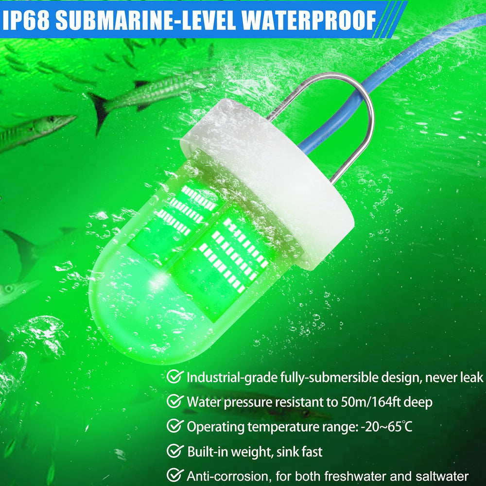 Green underwater fishing light illuminating water to attract fish