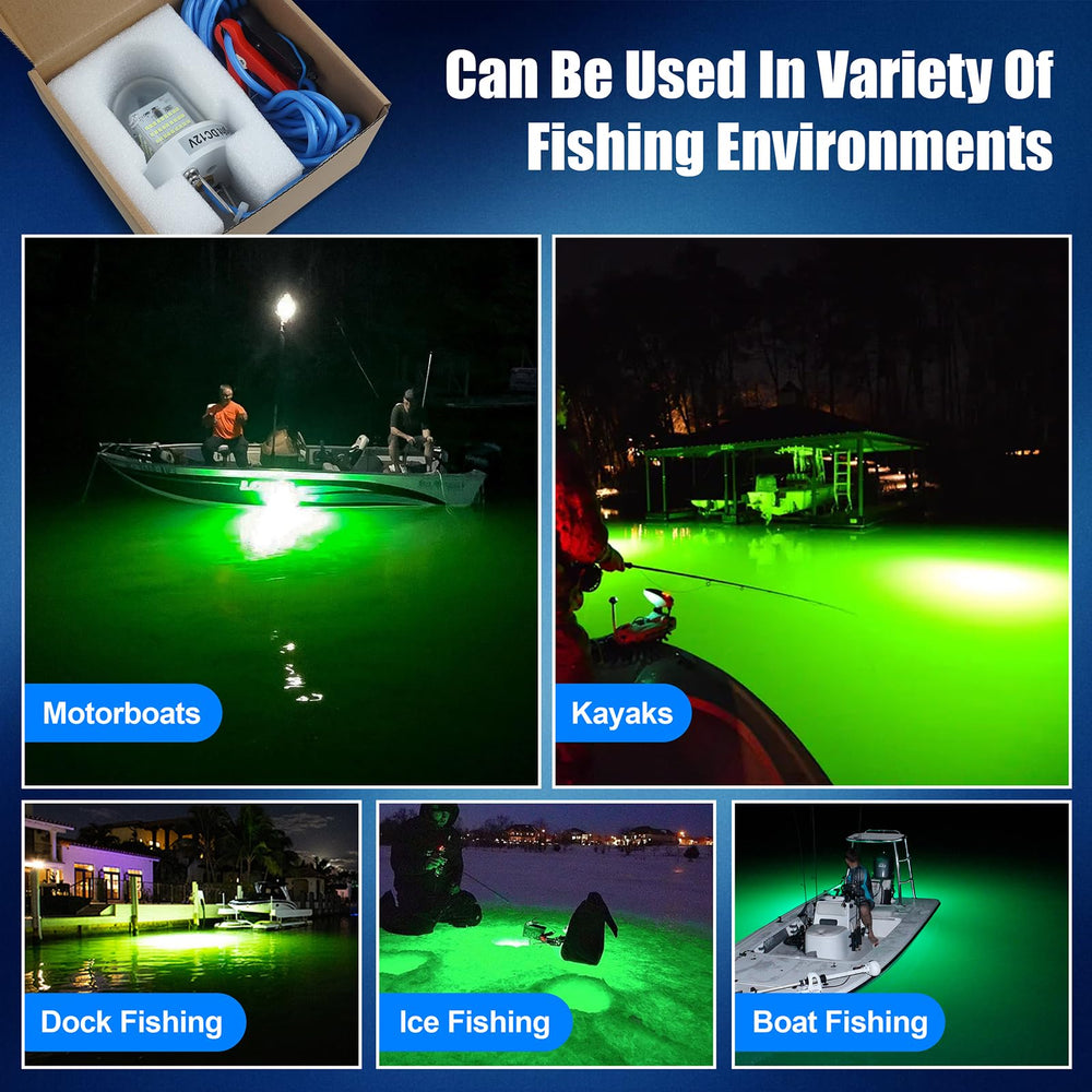 Green LED fishing light attracting squid, bass, and other species