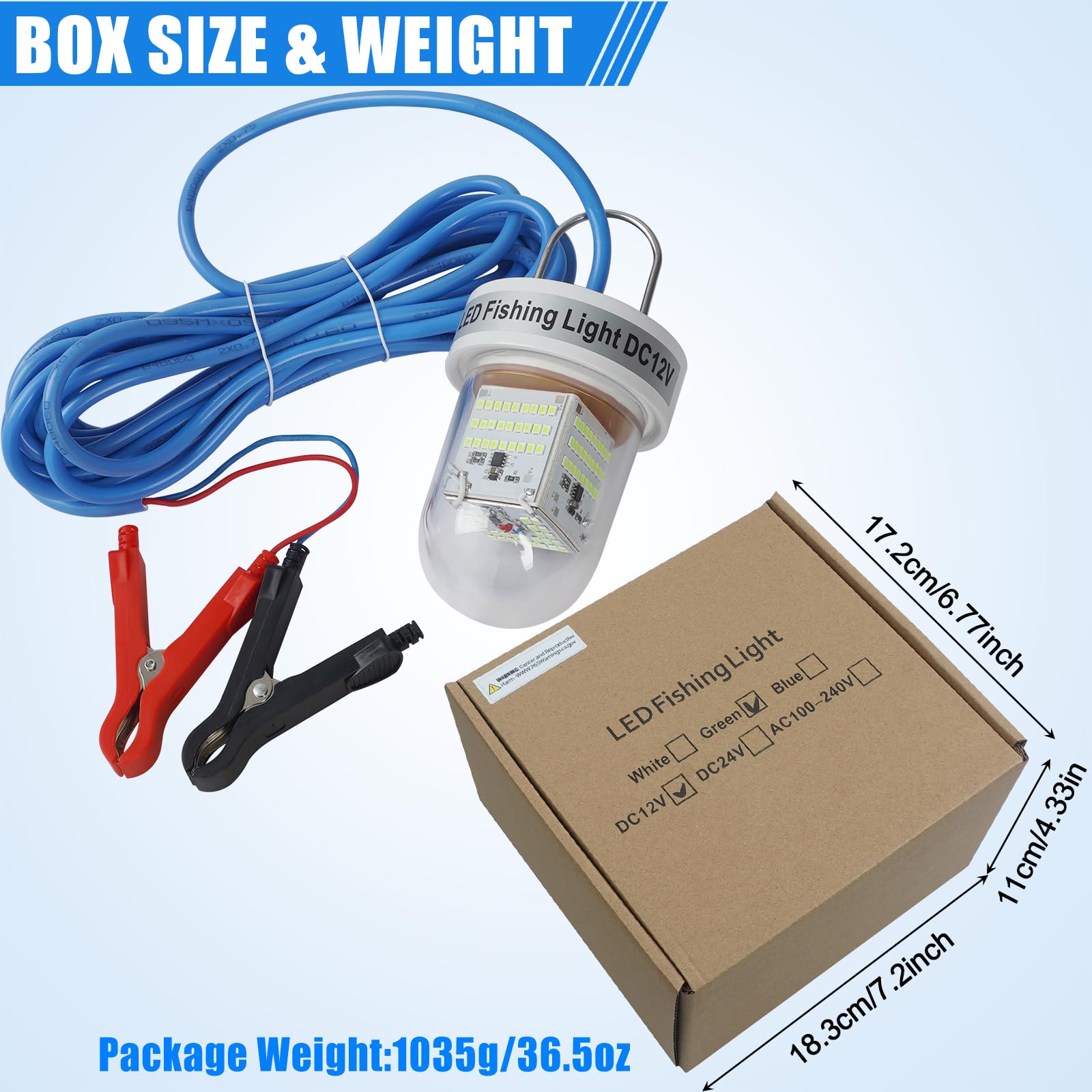 Packaging and included accessories for the underwater fishing light
