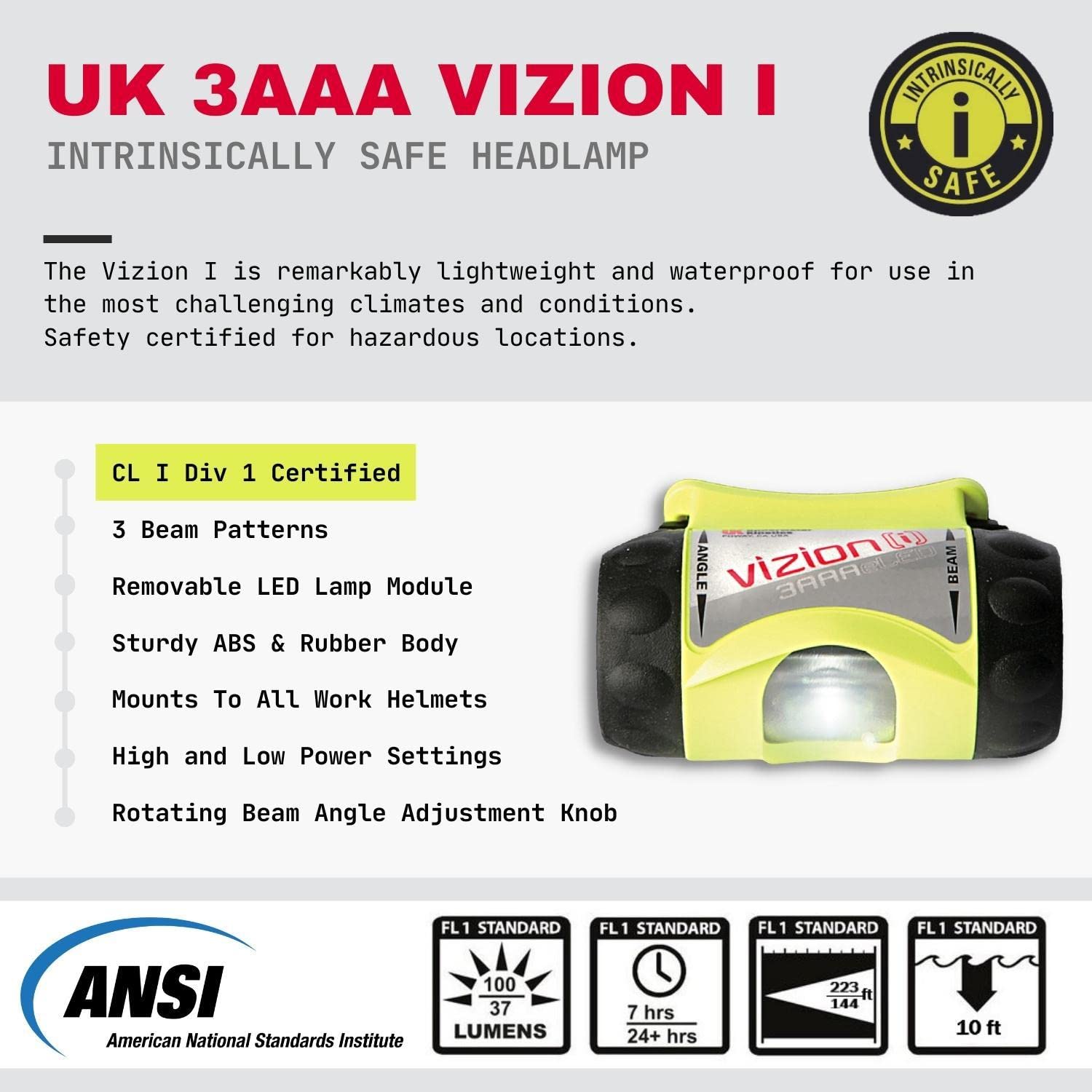Vizion I headlamp mounted on helmet with yellow strap for hands-free lighting