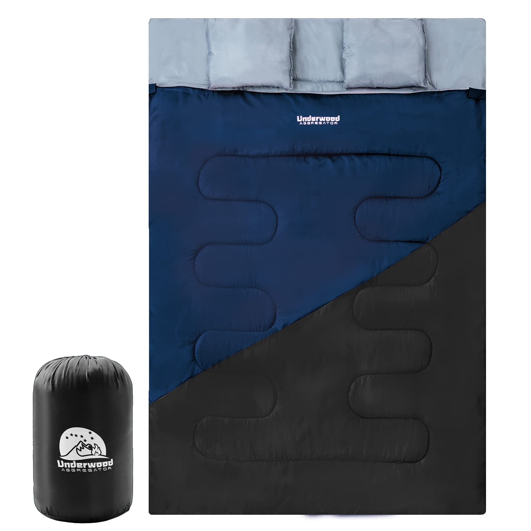 Underwood Aggregator double sleeping bag closed setup for two adults, ideal for cozy nighttime outdoors.