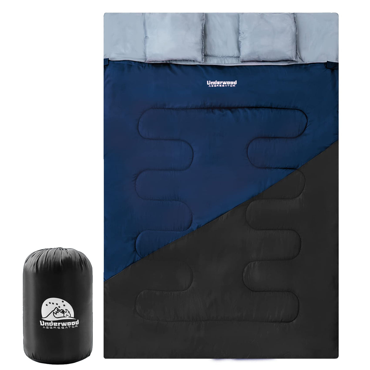 Underwood Aggregator double sleeping bag closed setup for two adults, ideal for cozy nighttime outdoors.