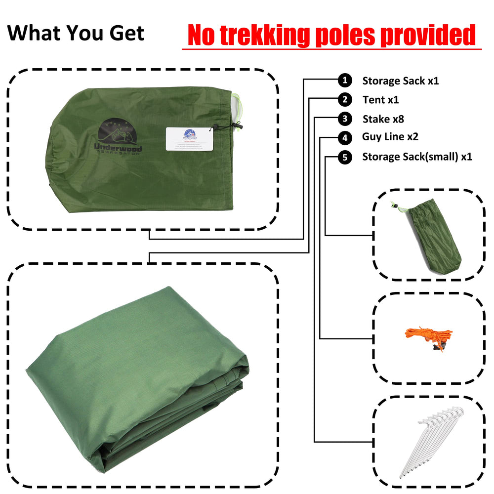 Underwood Aggregator No-poles setup illustrates flexible shelter between trees or with trekking poles.