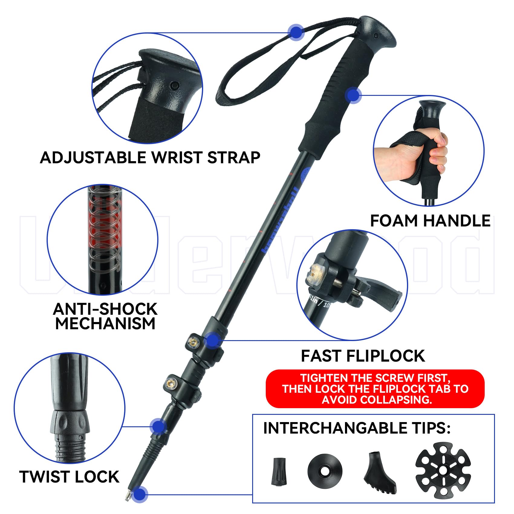 Underwood Aggregator trekking poles in use on rugged trail for stability.