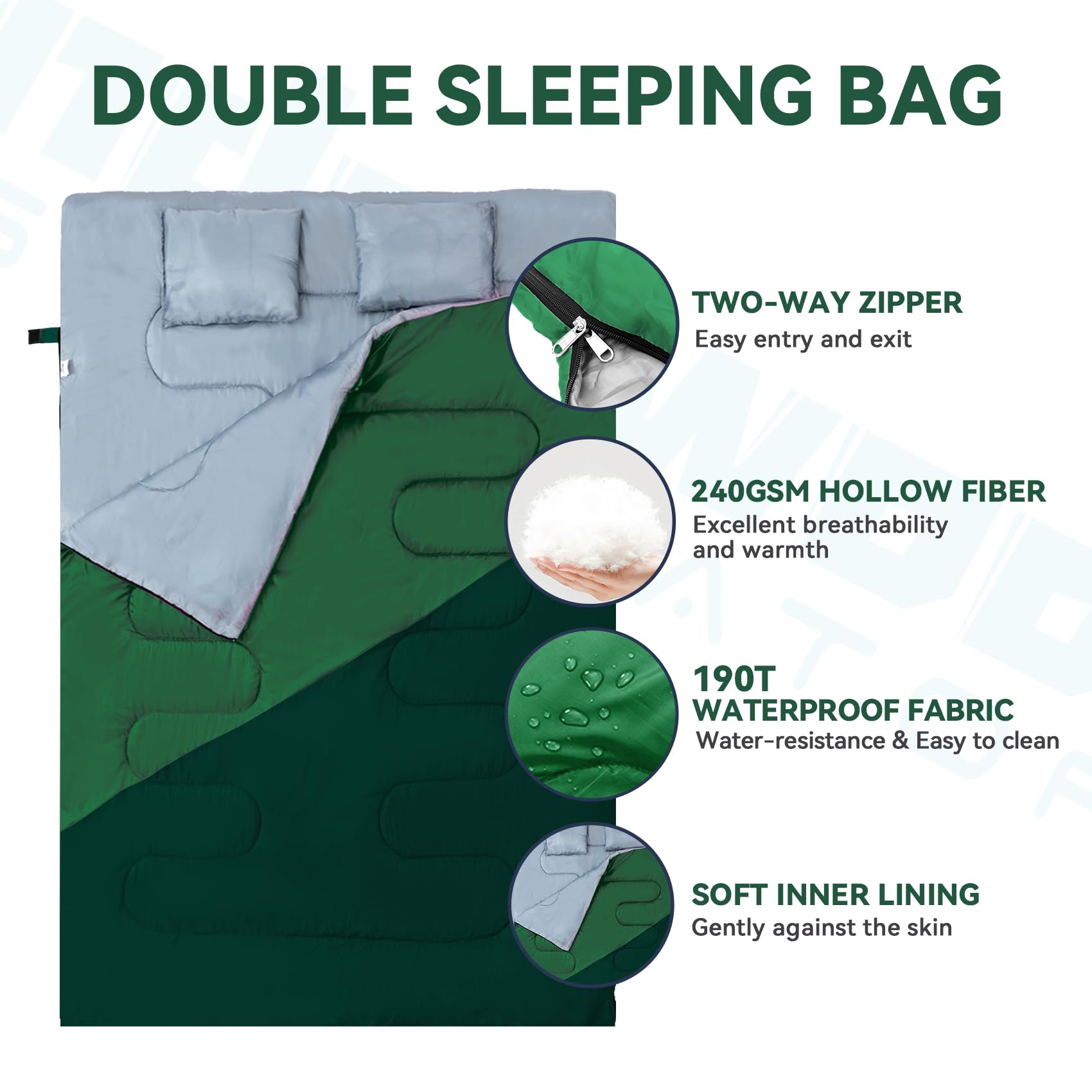 Underwood Aggregator two-person sleeping bag with pillows for neck support