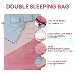 Underwood Aggregator two-person sleeping bag with pillows provides neck support for restful camping sleep