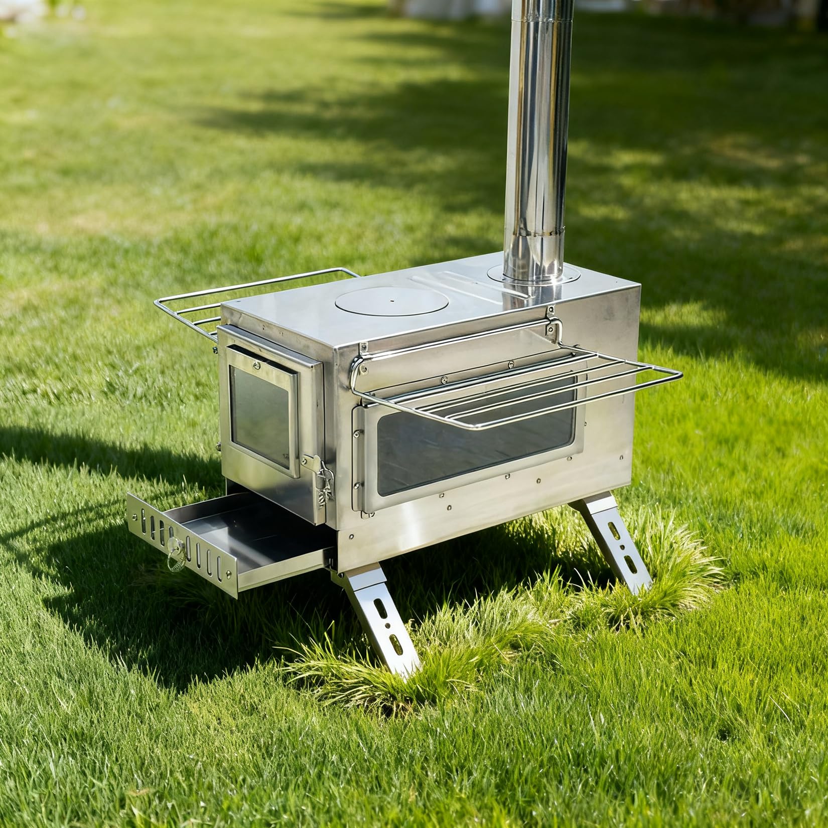 unho hot tent stove back view shows compact outdoor heater for cold nights