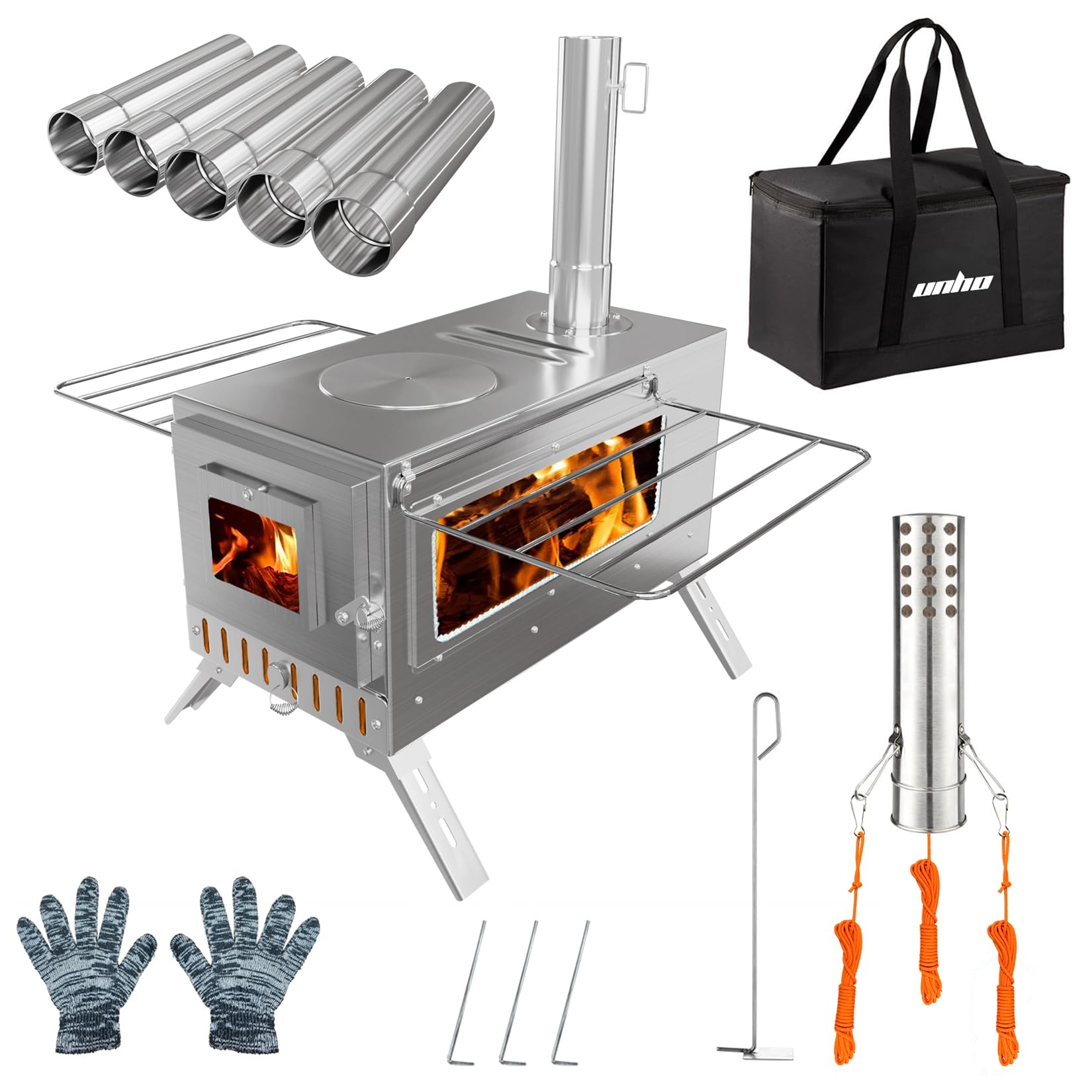 unho hot tent stove front view demonstrates portable warmth and durable stainless steel