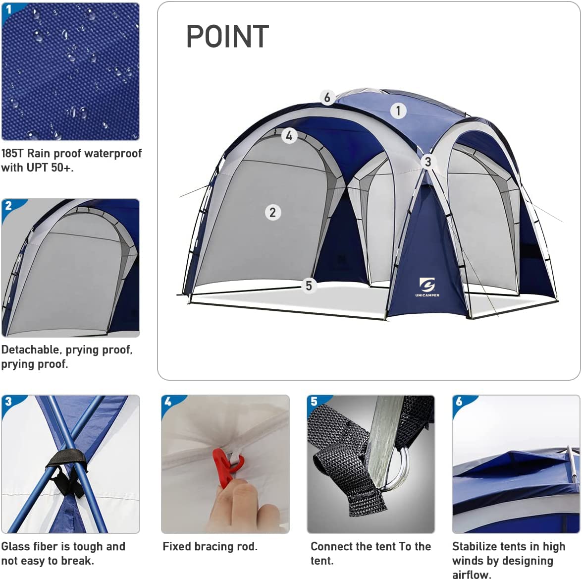 unicamper beach tent 12x12ft stability with stakes and guy ropes