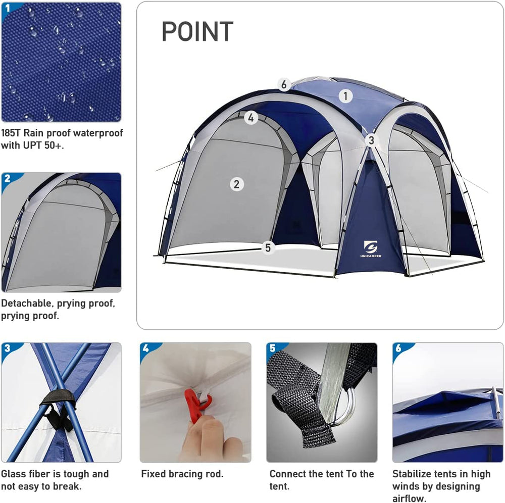 unicamper beach tent 12x12ft stability with stakes and guy ropes