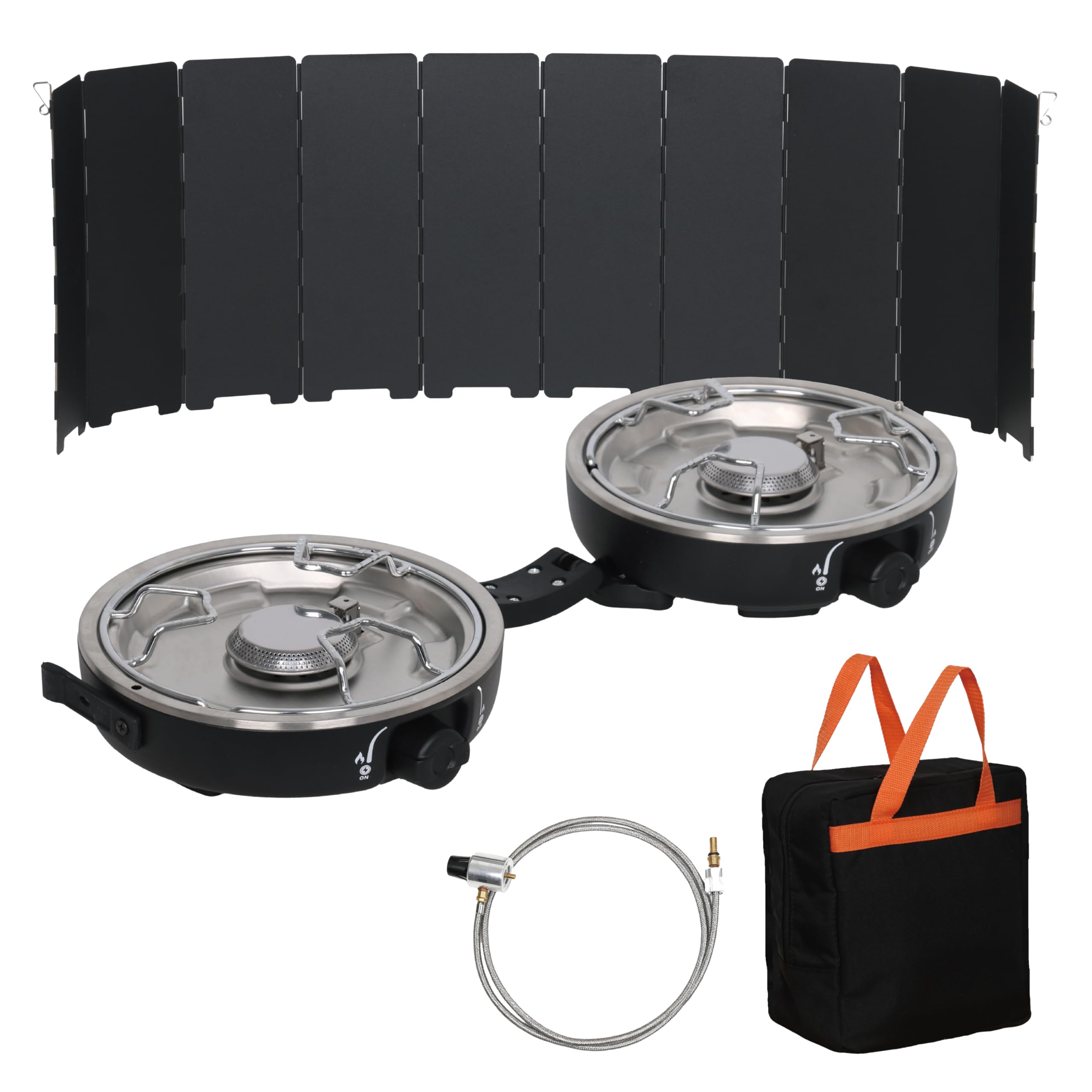 UNICCA propane 2-burner stove open-lit for quick campsite meals with dual burners