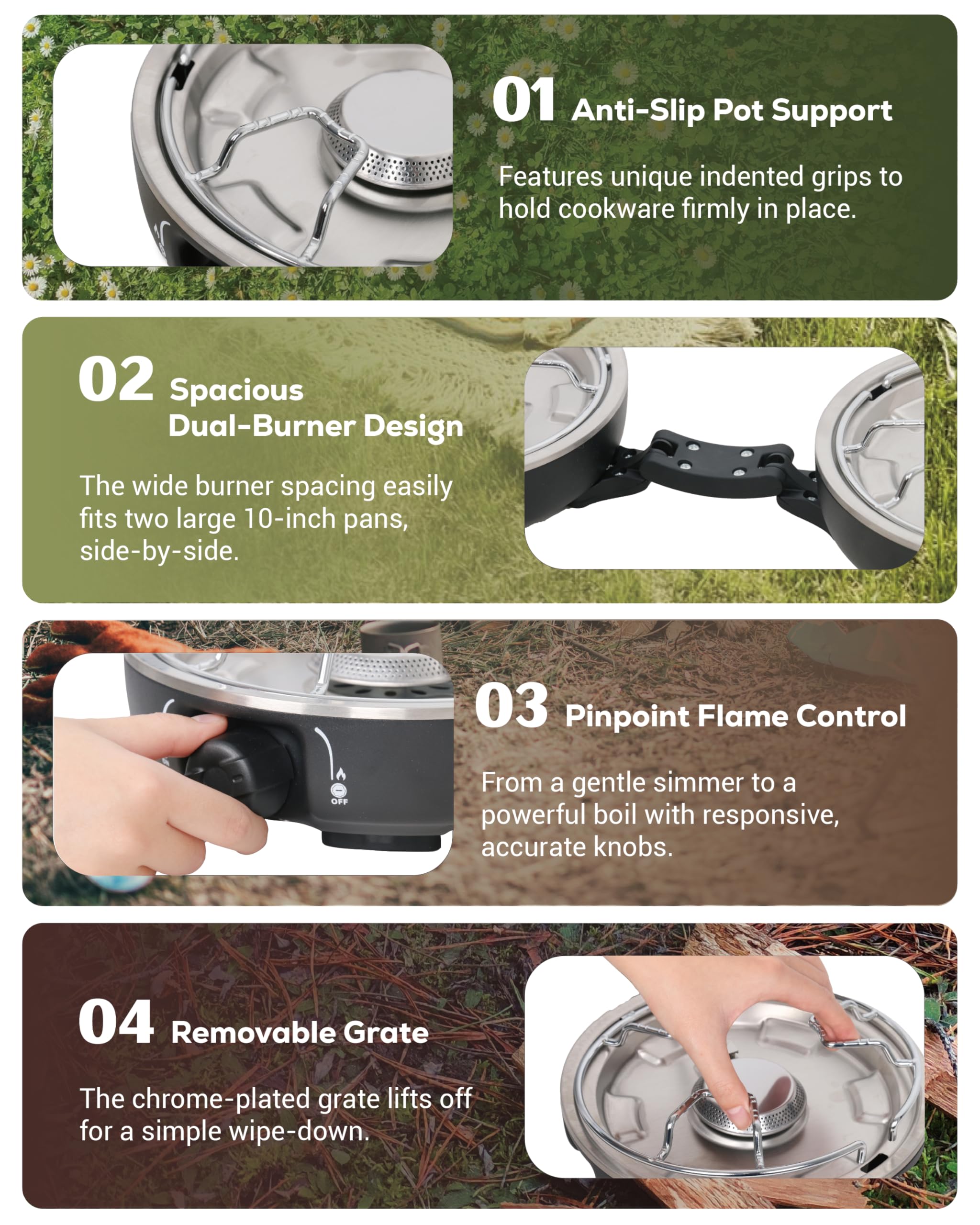UNICCA propane 2-burner stove piezo ignition for one-handed lighting