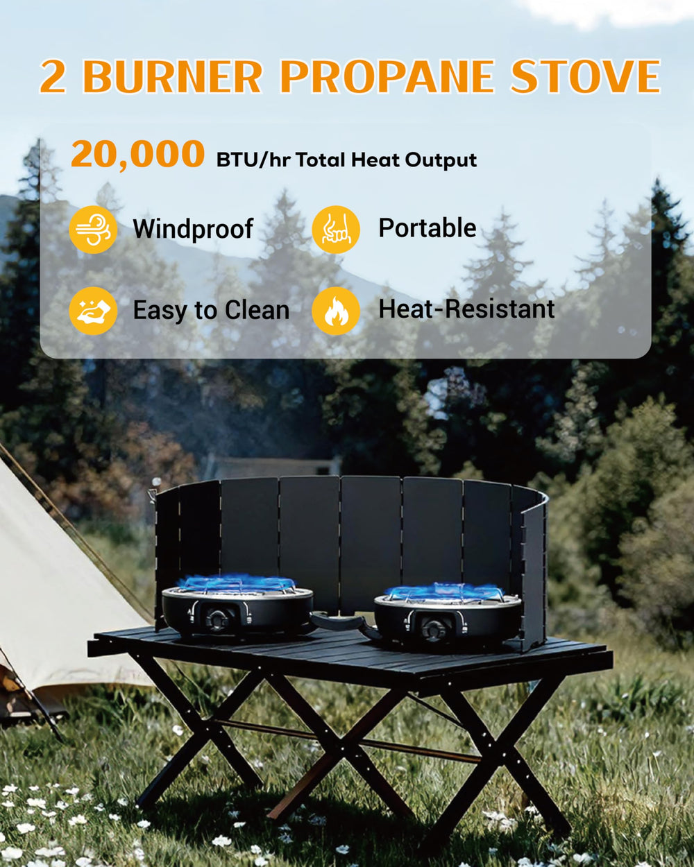 UNICCA propane 2-burner stove windscreen stabilizing flame outdoors