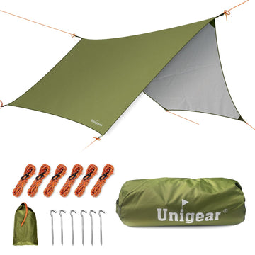 Unigear hammock rain fly offers waterproof coverage for quick shelter in varying weather.