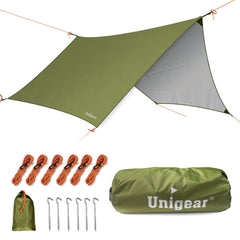 Unigear hammock rain fly offers waterproof coverage for quick shelter in varying weather.