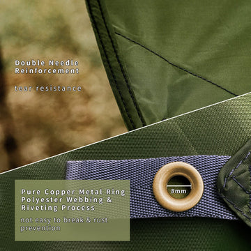 Unigear tarp edges reinforced with eight webbing straps for stable setups.