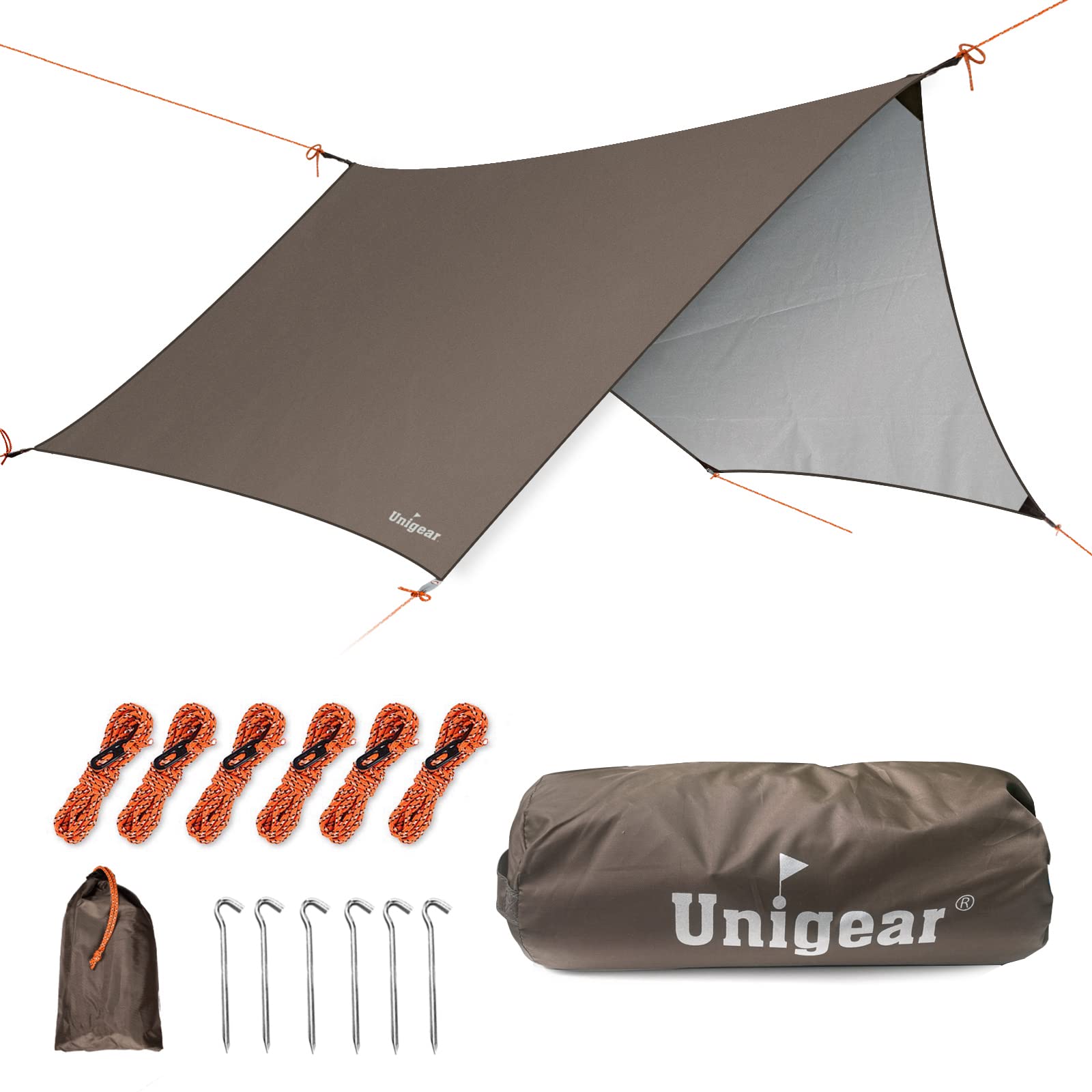Unigear hexagon rain fly close-up shows waterproof coating for dry camping