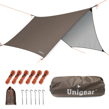 Unigear hexagon rain fly close-up shows waterproof coating for dry camping