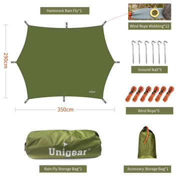 Unigear rain fly doubles as multifunctional shelter for camping and beach trips.
