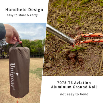 Unigear tarp with high-strength stakes and wind ropes enables stable setups