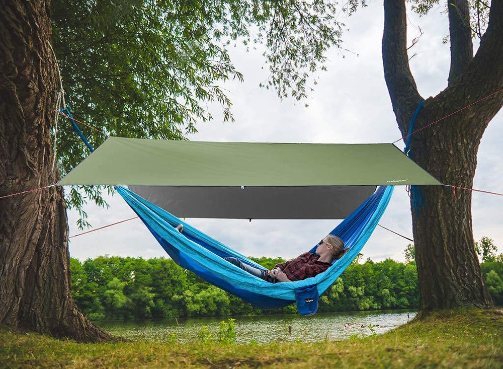 Unigear tarp with PU 3000mm waterproof coverage in use