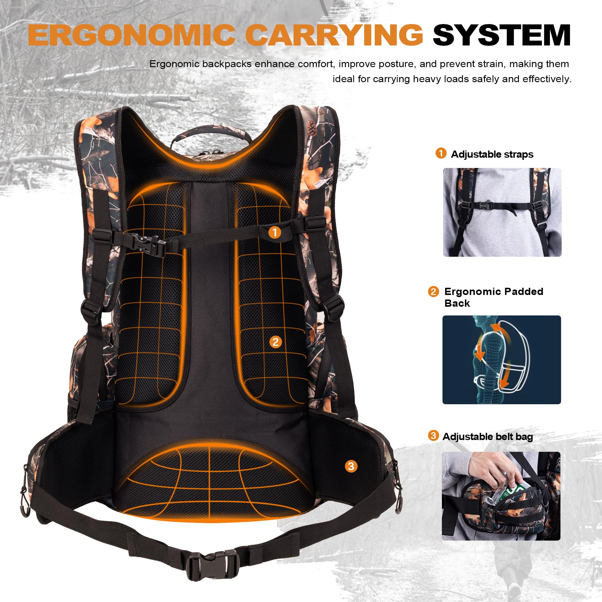 UNIHIMAL hunting backpack main compartment open reveals 35L capacity for gear.