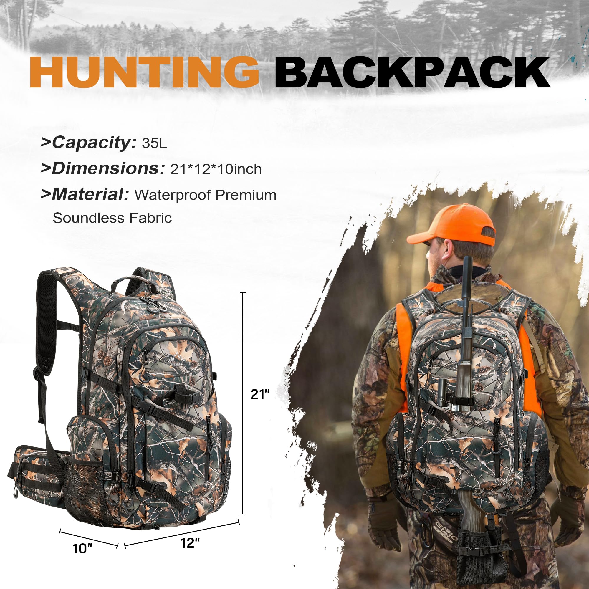 UNIHIMAL hunting backpack side view highlights organized camo pocket for quick access.