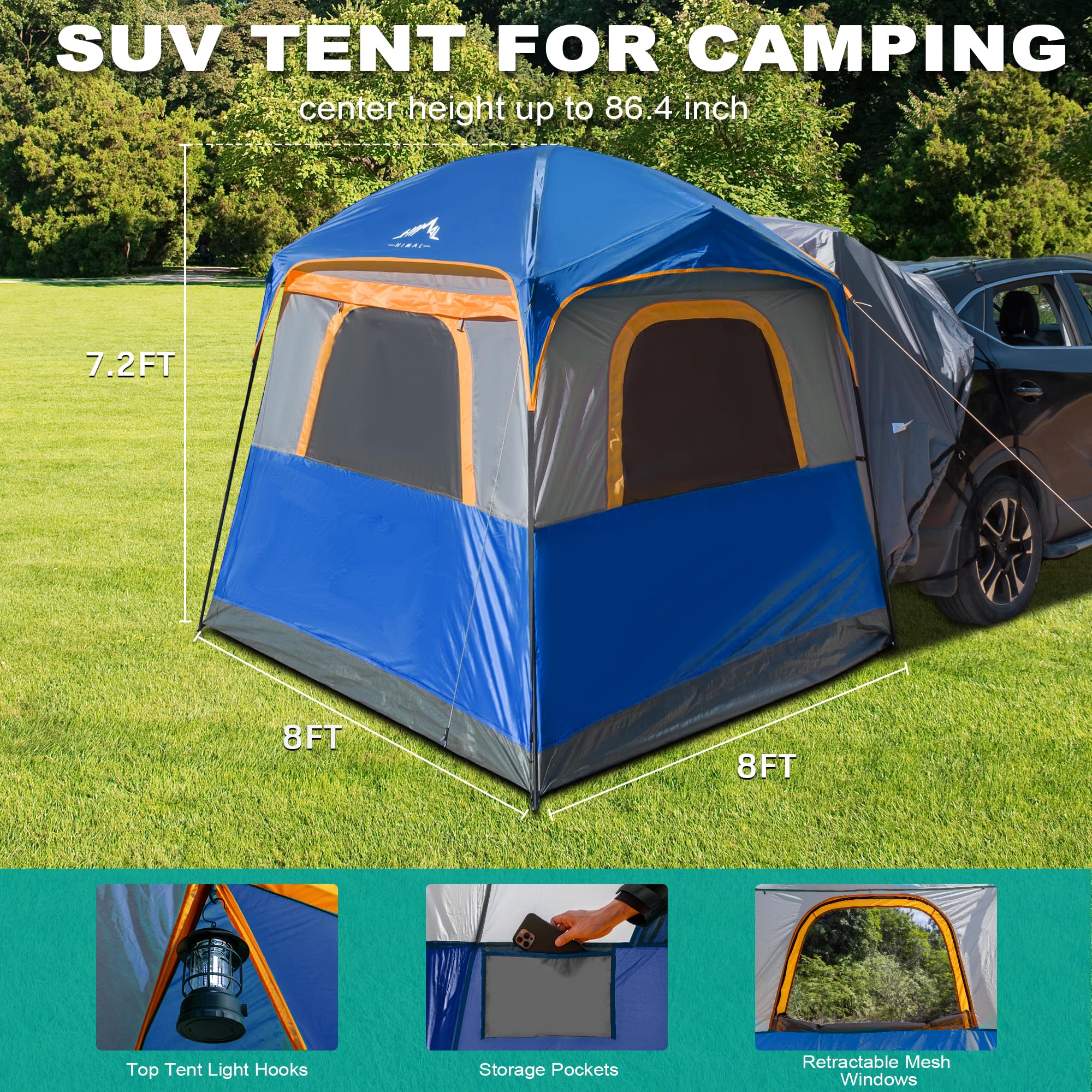 UNIHIMAL SUV tent spacious interior showcases room for 5-8 campers and gear.