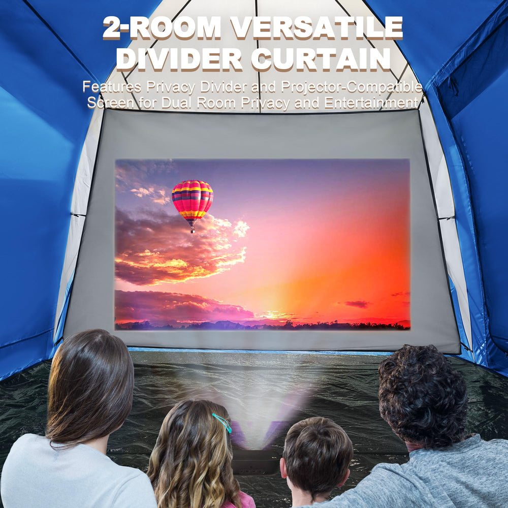 UNIHIMAL tent divider curtain doubles as an outdoor cinema screen.