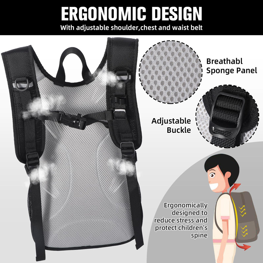 Unineovo 12L kids backpack comfort straps, breathable honeycomb foam for cooler wear.