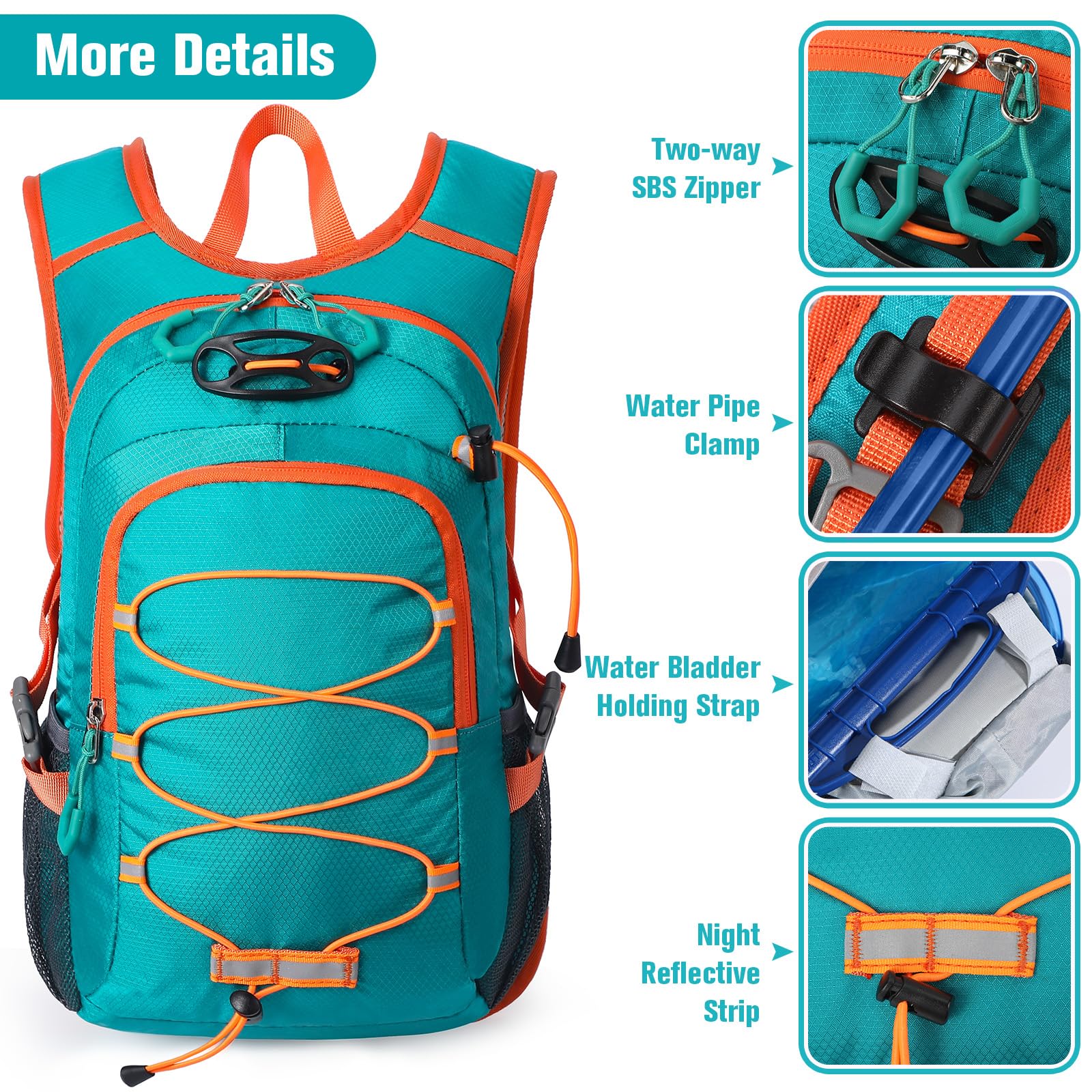 Unineovo 12L kids hiking side mesh pocket ideal for water bottles or umbrellas.