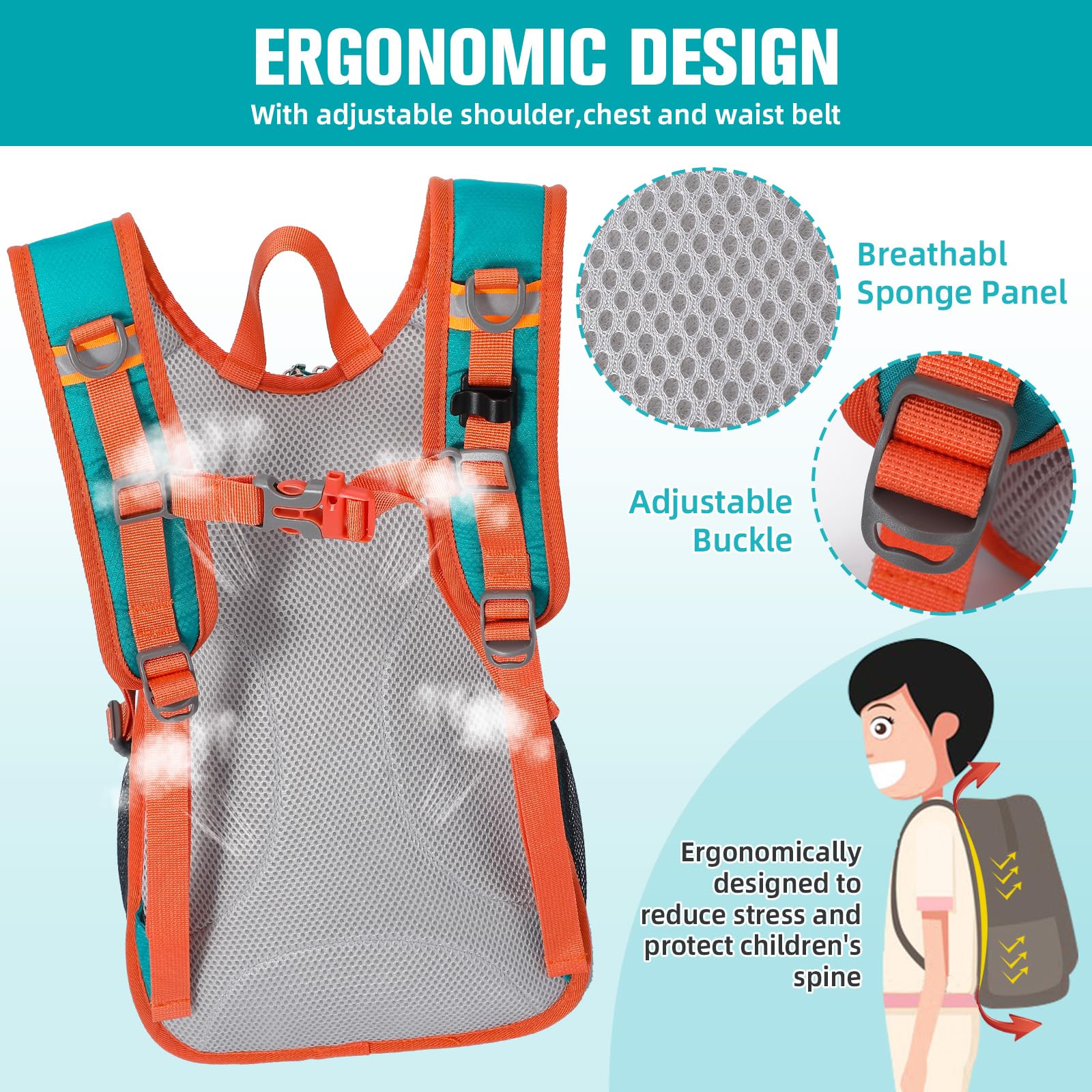 Unineovo 12L kids hiking reflective strips front enhance safety during night trips.
