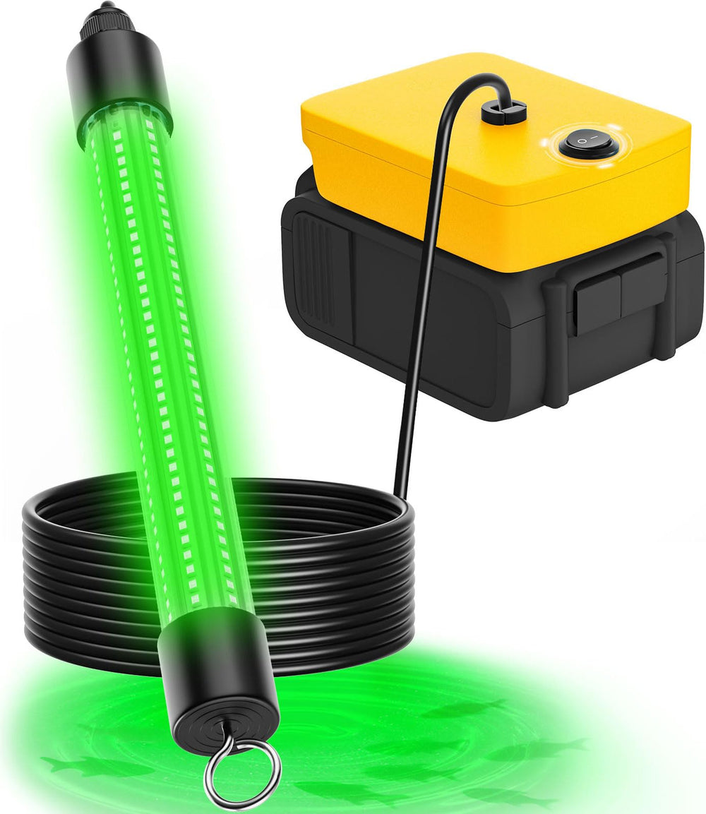 Uniqwamo underwater light with green glow improving boat and dock visibility at night.