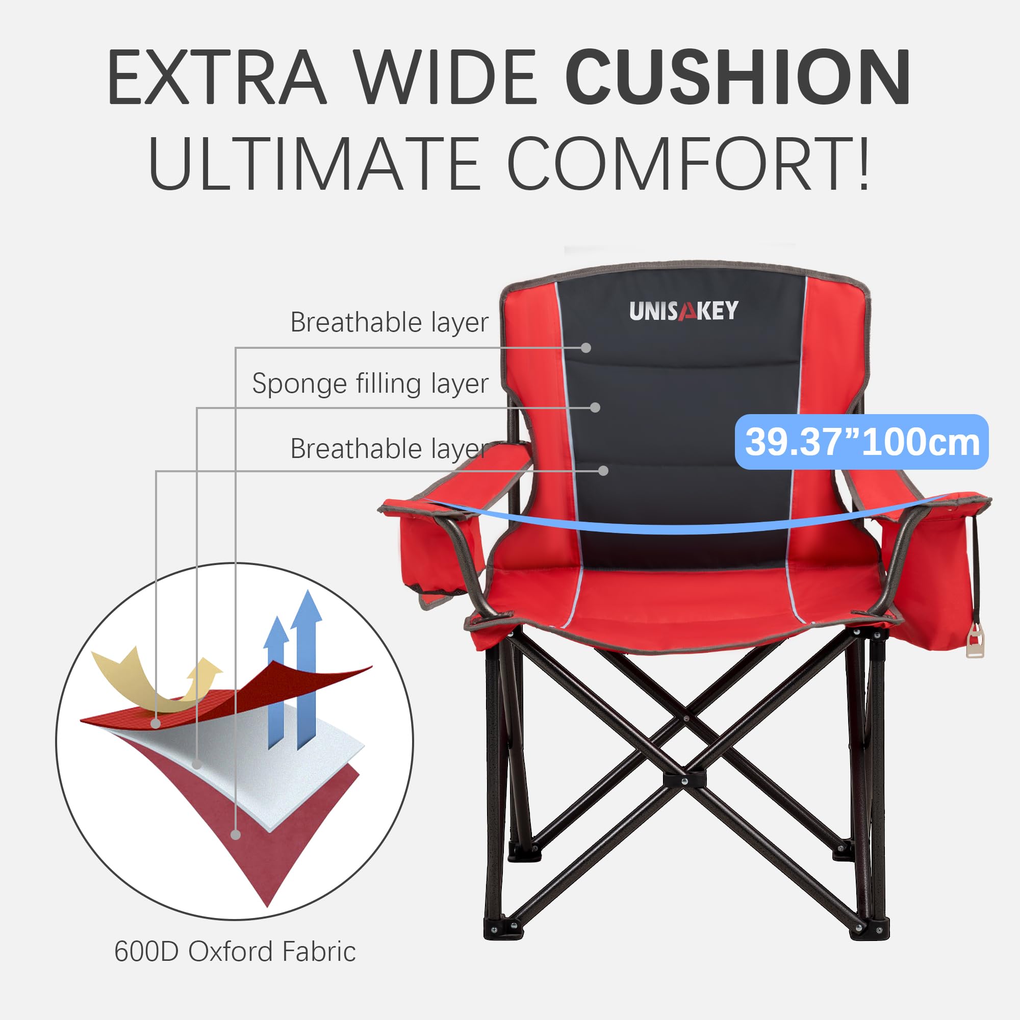 Unisakey red chair accompanies beach days and tailgates with built-in cooler bag